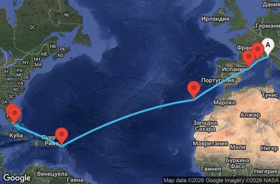 Маршрут на круиз 16 дни Италия, Франция, Испания, Португалия, Нидерландски Антили, Бахамските острови, САЩ - UWBL