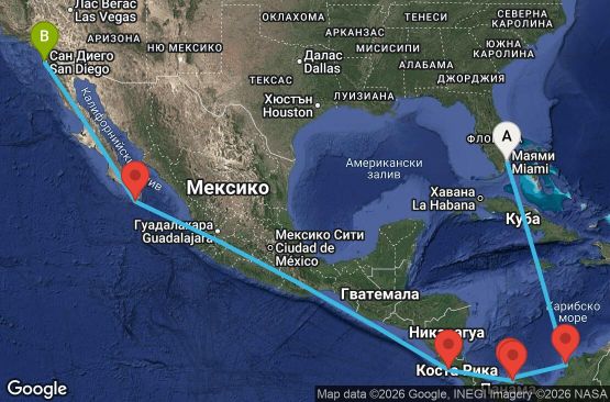 Маршрут на круиз 13 дни САЩ, Колумбия, Панама, Коста Рика, Мексико - UWCB