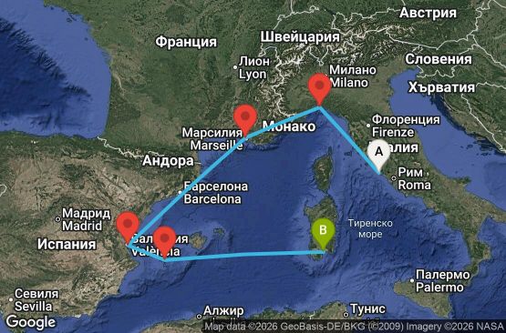 Маршрут на круиз 6 дни Италия, Франция, Испания - UWUZ
