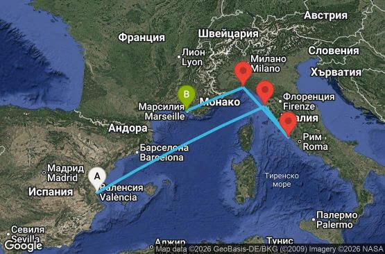 Маршрут на круиз 5 дни Испания, Италия, Франция - UWPE