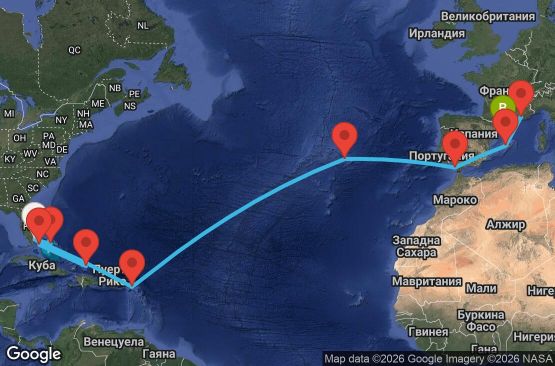 Маршрут на круиз 22 дни САЩ, Търкс и Кайкос, Бахамските острови, Нидерландски Антили, Португалия, Испания, Франция - UZBJ