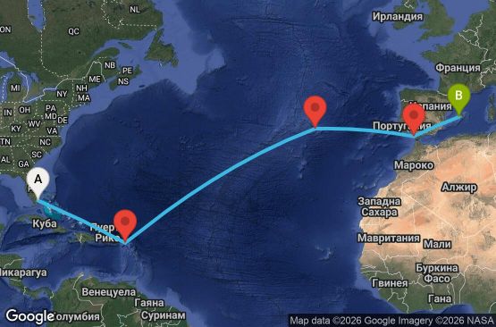 Маршрут на круиз 14 дни САЩ, Нидерландски Антили, Португалия, Испания - UZBI