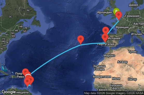 Маршрут на круиз 23 дни Мартиника, Гваделупа, Сейнт Лусия, Барбадос, Сейнт Винсент и Гренадини, Гренада, Нидерландски Антили, Португалия, Испания, Франция, Великобритания - UZBF