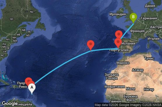 Маршрут на круиз 15 дни Мартиника, Гваделупа, Нидерландски Антили, Португалия, Испания, Франция - UZ35