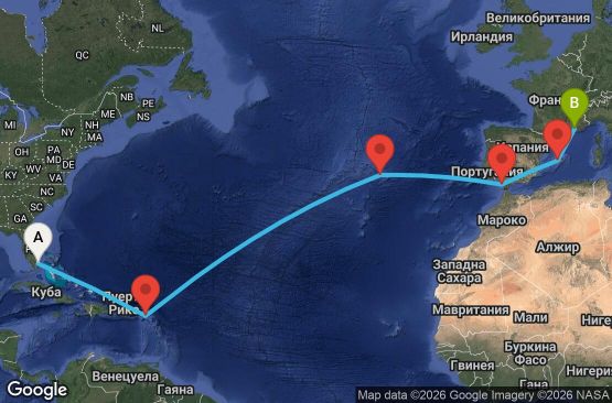 Маршрут на круиз 15 дни САЩ, Нидерландски Антили, Португалия, Испания, Франция - UZBH