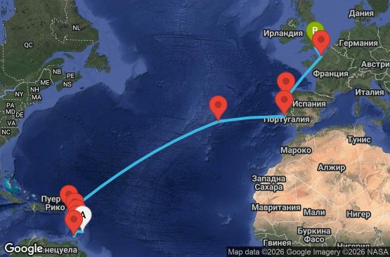 Маршрут на круиз 20 дни Барбадос, Сейнт Винсент и Гренадини, Гренада, Мартиника, Гваделупа, Нидерландски Антили, Португалия, Испания, Франция, Великобритания - UZ76
