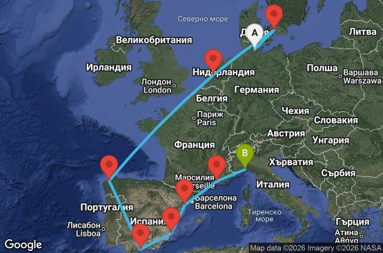 Маршрут на круиз 12 дни Германия, Дания, Нидерландия, Испания, Франция, Италия - UZBV