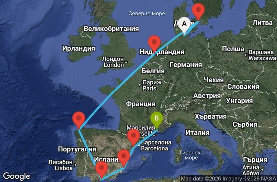 Маршрут на круиз 11 дни Германия, Дания, Нидерландия, Испания, Франция - UZBY