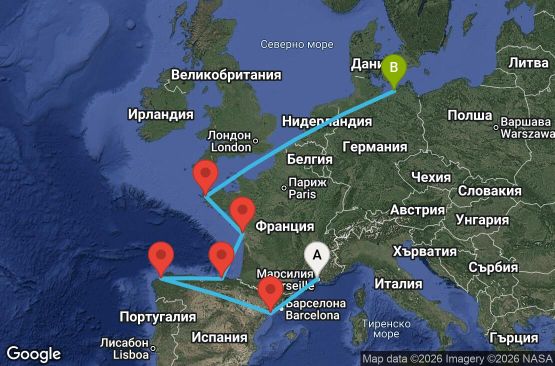 Маршрут на круиз 10 дни Франция, Испания, Германия - UYHH
