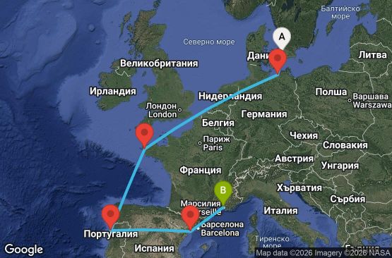 Маршрут на круиз 10 дни Дания, Германия, Франция, Португалия, Испания - UYKG