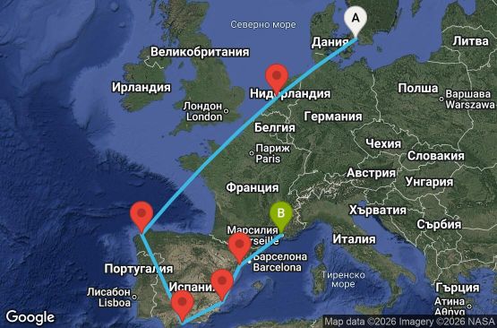Маршрут на круиз 10 дни Дания, Нидерландия, Испания, Франция - UZBW