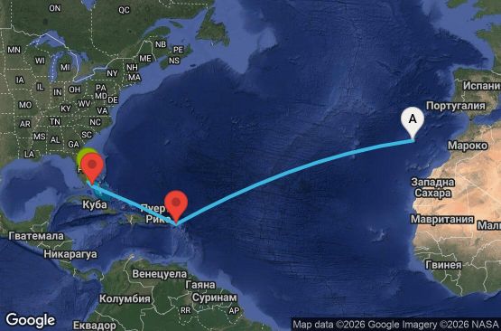 Маршрут на круиз 10 дни Португалия, Нидерландски Антили, Бахамските острови, САЩ - UWBV