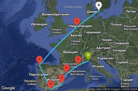 Маршрут на круиз 11 дни Дания, Нидерландия, Испания, Франция, Италия - UZBX