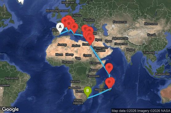 Маршрут на круиз 31 дни Испания, Италия, Франция, Гърция, Кипър, Египет, Сейшелски острови, Мавриций, Реюнион, Южна Африка - UZCH