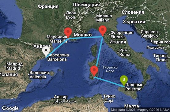 Маршрут на круиз 4 дни Испания, Франция, Италия - UZD9