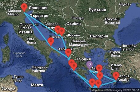 Маршрут на круиз Greece, Montenegro, Croatia, Italy - ATH14A0K