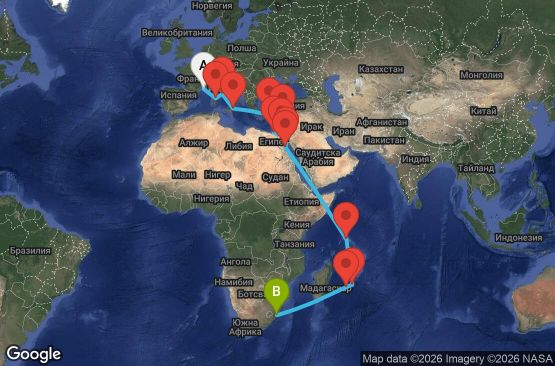 Маршрут на круиз 27 дни Франция, Италия, Гърция, Кипър, Египет, Сейшелски острови, Мавриций, Реюнион, Южна Африка - UZCD