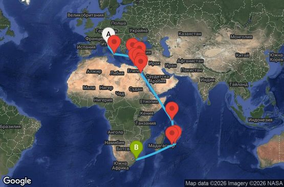 Маршрут на круиз 25 дни Италия, Гърция, Кипър, Египет, Сейшелски острови, Мавриций, Реюнион, Южна Африка - UZCE