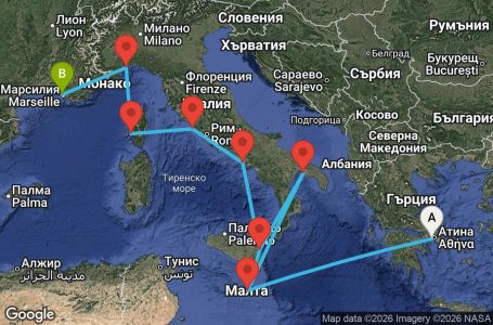 Маршрут на круиз Greece, Malta, Italy, Corsica (France), France - ATH12A0H