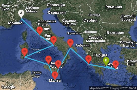 Маршрут на круиз Italy, Malta, Greece - SVN10A2A