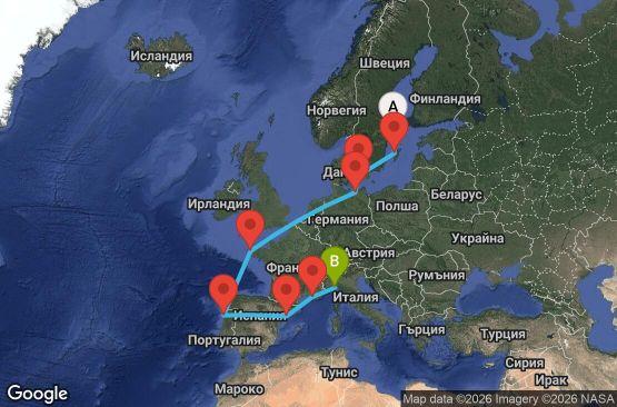 Маршрут на круиз 14 дни Швеция, Дания, Германия, Франция, Португалия, Испания, Италия - UZD7