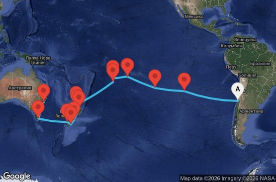 Маршрут на круиз 34 дни Чили, Великобритания, Френска Полинезия, Острови Кук, Нова Зеландия, Австралия - UXEM