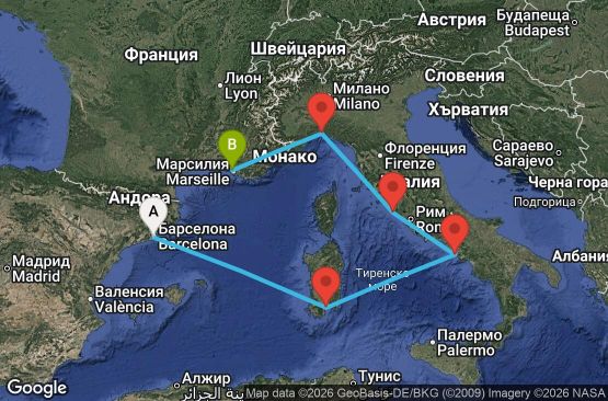 Маршрут на круиз 6 дни Испания, Италия, Франция - BCN06A2A