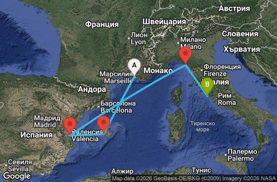 Маршрут на круиз 5 дни Франция, Испания, Италия - MRS05A25