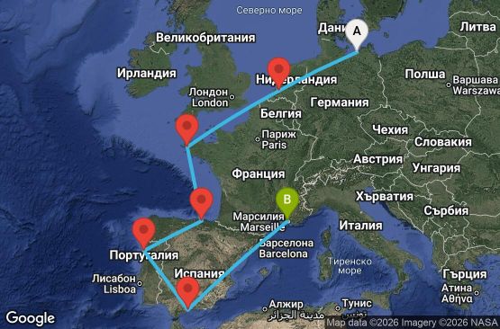 Маршрут на круиз 11 дни Германия, Нидерландия, Франция, Испания, Португалия - UZAT