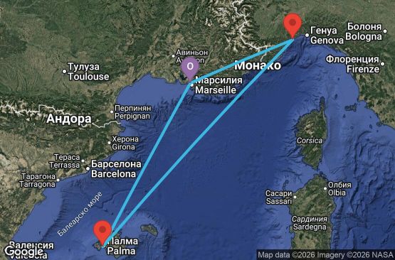 Маршрут на круиз 4 дни Франция, Италия, Испания - MRS04A40