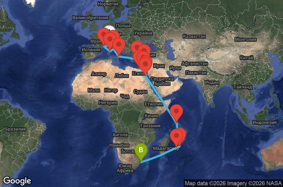 Маршрут на круиз 28 дни Италия, Франция, Гърция, Кипър, Египет, Сейшелски острови, Мавриций, Реюнион, Южна Африка - UZCC