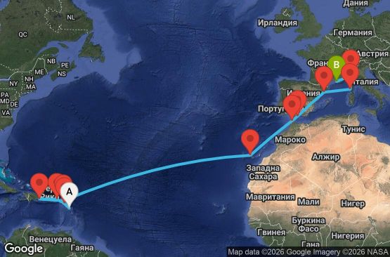 Маршрут на круиз 20 дни Гваделупа, Сейнт Китс и Невис, Британски вирджински острови, Доминиканска република, Нидерландски Антили, Испания, Мароко, Франция, Италия - PTP20A08