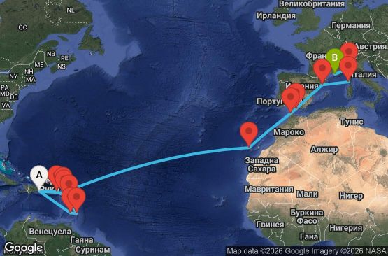 Маршрут на круиз 24 дни Доминиканска република, Сейнт Винсент и Гренадини, Барбадос, Гваделупа, Сейнт Китс и Невис, Британски вирджински острови, Нидерландски Антили, Испания, Мароко, Франция, Италия - LRM24A01