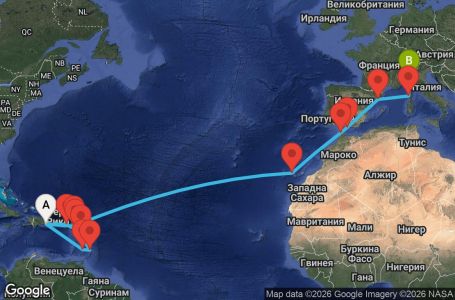 Маршрут на круиз 23 дни Доминиканска република, Сейнт Винсент и Гренадини, Барбадос, Гваделупа, Сейнт Китс и Невис, Британски вирджински острови, Нидерландски Антили, Испания, Мароко, Франция, Италия - LRM23A05