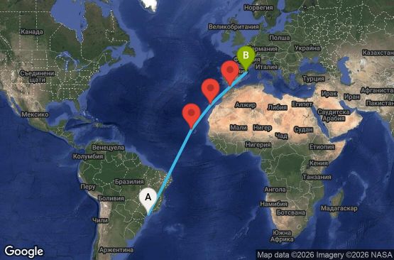 Маршрут на круиз 14 дни Бразилия, Кабо Верде, Испания, Мароко - UWDX