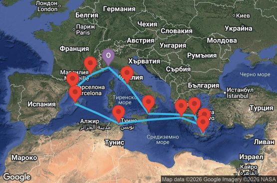 Маршрут на круиз 14 дни Италия, Гърция, Тунис, Испания, Франция - SVN14A4D