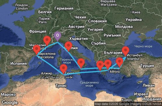 Маршрут на круиз 14 дни Италия, Турция, Гърция, Тунис, Испания, Франция - SVN14A4B