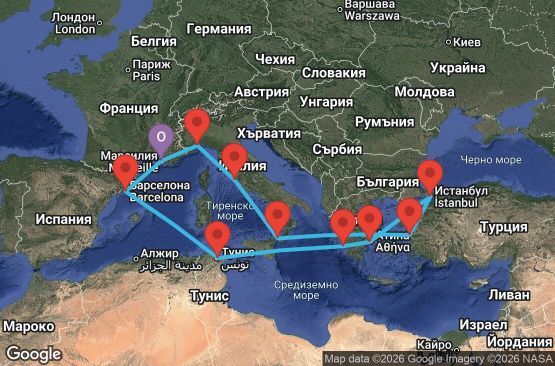 Маршрут на круиз 14 дни Франция, Италия, Турция, Гърция, Тунис, Испания - MRS14A3R