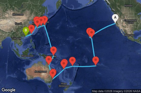 Маршрут на круиз 51 дни САЩ, Френска Полинезия, Фиджи, Нова Каледония, Австралия, Папуа-Нова Гвинея, Япония, Южна Корея, Тайван, Хонконг - SFO51A00