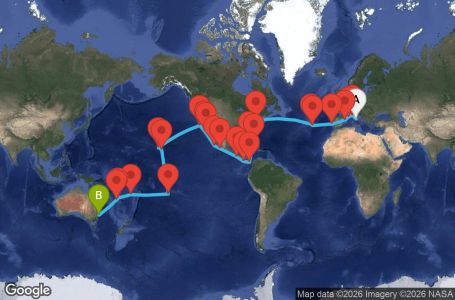 Маршрут на круиз 66 дни Италия, Франция, Испания, Португалия, САЩ, Бахамските острови, Панама, Коста Рика, Гватемала, Мексико, Френска Полинезия, Фиджи, Нова Каледония, Австралия - CIV66A00