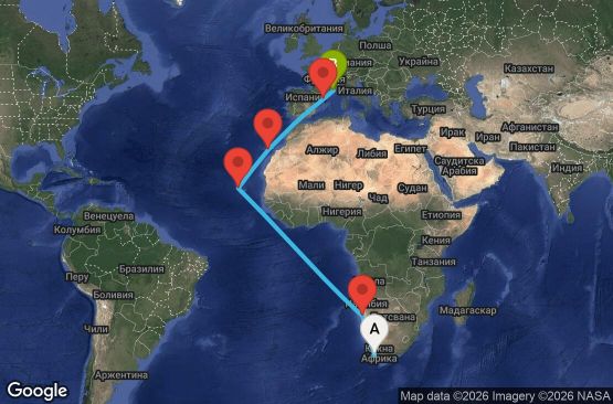 Маршрут на круиз 18 дни Южна Африка, Намибия, Кабо Верде, Испания, Франция - CPT18A0L