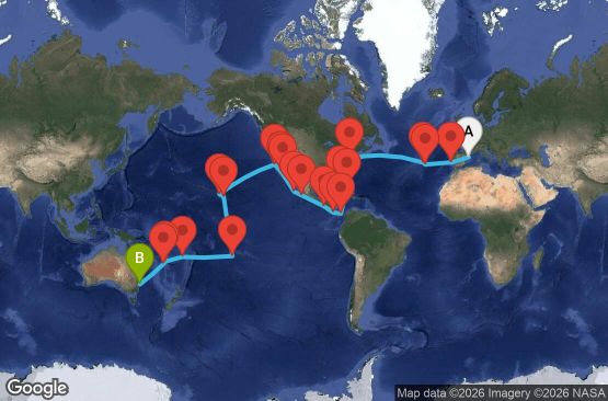 Маршрут на круиз 63 дни Испания, Португалия, САЩ, Бахамските острови, Панама, Коста Рика, Гватемала, Мексико, Френска Полинезия, Фиджи, Нова Каледония, Австралия - BCN63A00