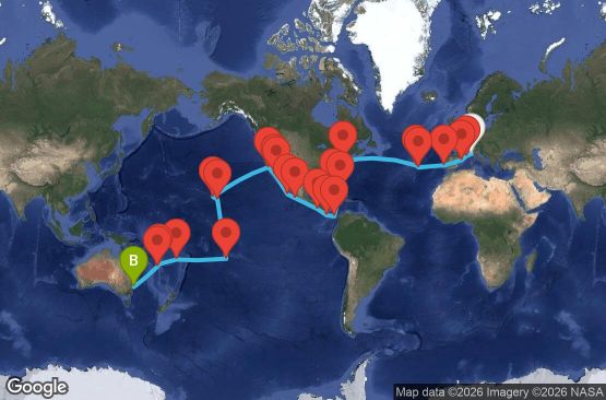 Маршрут на круиз 65 дни Италия, Франция, Испания, Португалия, САЩ, Бахамските острови, Панама, Коста Рика, Гватемала, Мексико, Френска Полинезия, Фиджи, Нова Каледония, Австралия - SVN65A00