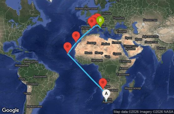 Маршрут на круиз 20 дни Южна Африка, Намибия, Кабо Верде, Испания, Франция, Италия - CPT20A0M