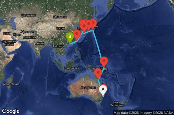 Маршрут на круиз 25 дни Австралия, Папуа-Нова Гвинея, Япония, Южна Корея, Тайван, Хонконг - SYD25A01