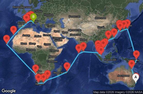 Маршрут на круиз 74 дни Австралия, Папуа-Нова Гвинея, Япония, Южна Корея, Тайван, Хонконг, Виетнам, Тайланд, Сингапур, Малайзия, Шри Ланка, Малдивите, Мавриций, Южна Африка, Намибия, Кабо Верде, Испания, Франция, Италия - SYD74A01