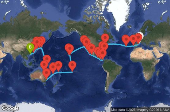 Маршрут на круиз 89 дни Франция, Испания, Португалия, САЩ, Бахамските острови, Панама, Коста Рика, Гватемала, Мексико, Френска Полинезия, Фиджи, Нова Каледония, Австралия, Папуа-Нова Гвинея, Япония, Южна Корея, Тайван, Хонконг - MRS89A00
