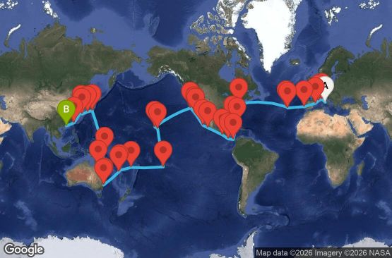 Маршрут на круиз 91 дни Италия, Франция, Испания, Португалия, САЩ, Бахамските острови, Панама, Коста Рика, Гватемала, Мексико, Френска Полинезия, Фиджи, Нова Каледония, Австралия, Папуа-Нова Гвинея, Япония, Южна Корея, Тайван, Хонконг - CIV91A00