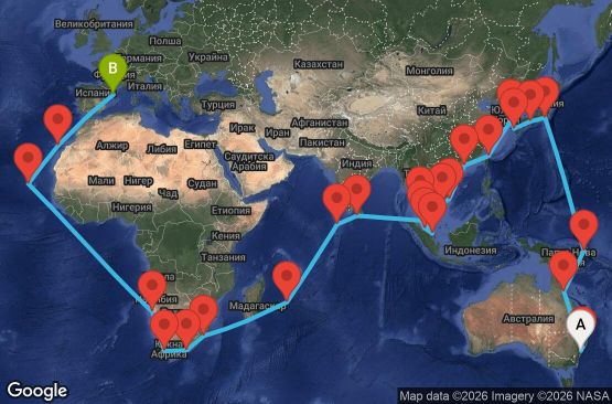 Маршрут на круиз 71 дни Австралия, Папуа-Нова Гвинея, Япония, Южна Корея, Тайван, Хонконг, Виетнам, Тайланд, Сингапур, Малайзия, Шри Ланка, Малдивите, Мавриций, Южна Африка, Намибия, Кабо Верде, Испания - SYD71A00
