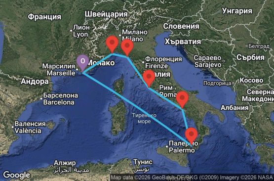 Маршрут на круиз 7 дни Франция, Италия - YNE07A22